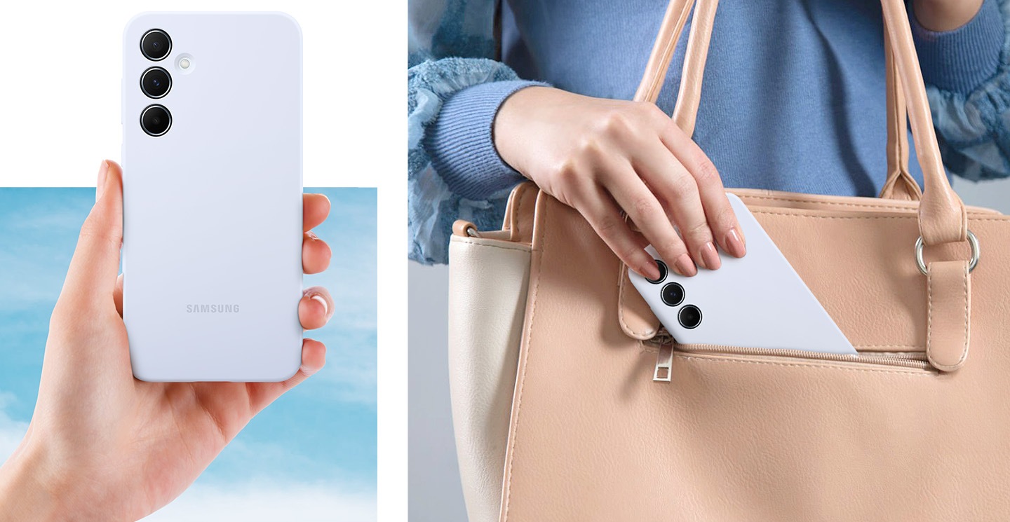 A hand is comfortably holding up a Galaxy device wearing a Light Blue Silicone Case. Another hand places a Galaxy device wearing Light Blue Silicone Case inside a small pocket of a handbag.