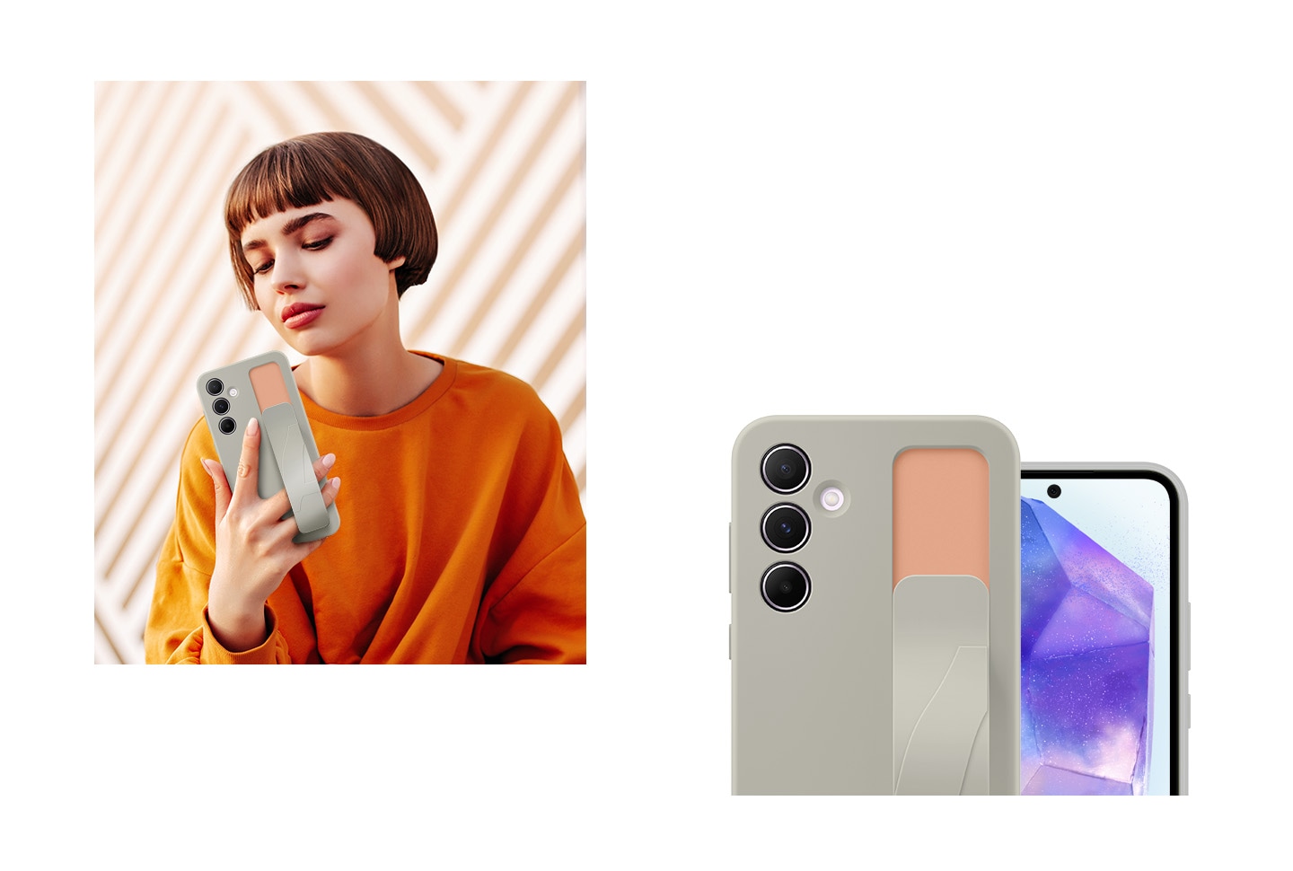 A woman wearing an orange sweater is taking a selfie with a Galaxy device wearing a Gray Standing Grip Case. To the right, two Galaxy devices wearing Gray Standing Grip Cases are shown, one showing the backside and the other partially showing the screen.