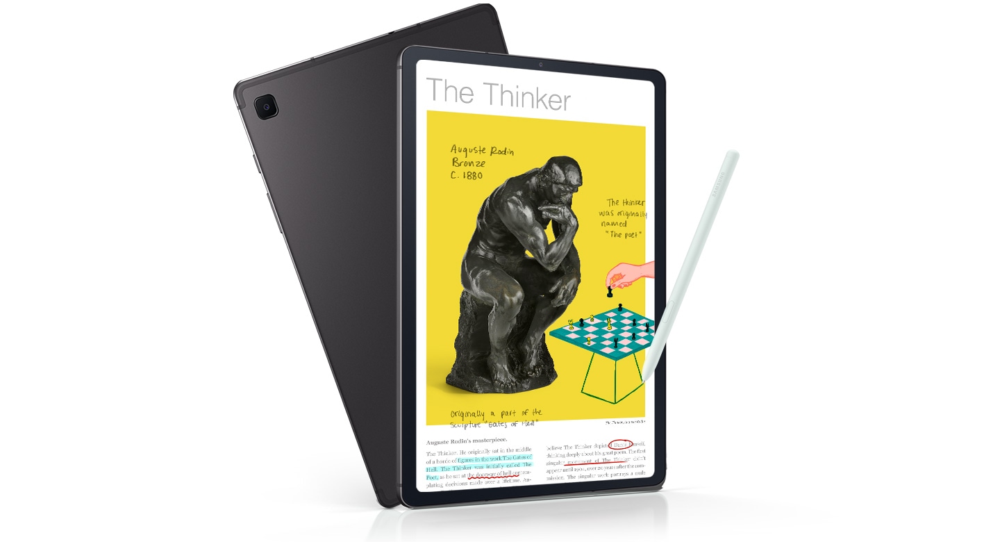 Front and back of Galaxy Tab S6 Lite in Mint with S Pen in Mint, touching the screen. A colorful image of a statue in front of a chess table with the title 'The Thinker' shown onscreen, surrounded by scribbles and highlighted text.