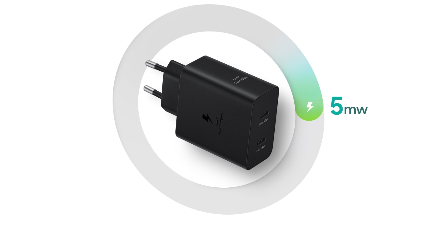 A black Power Adapter is lying sideways with the text that reads '5mW'.