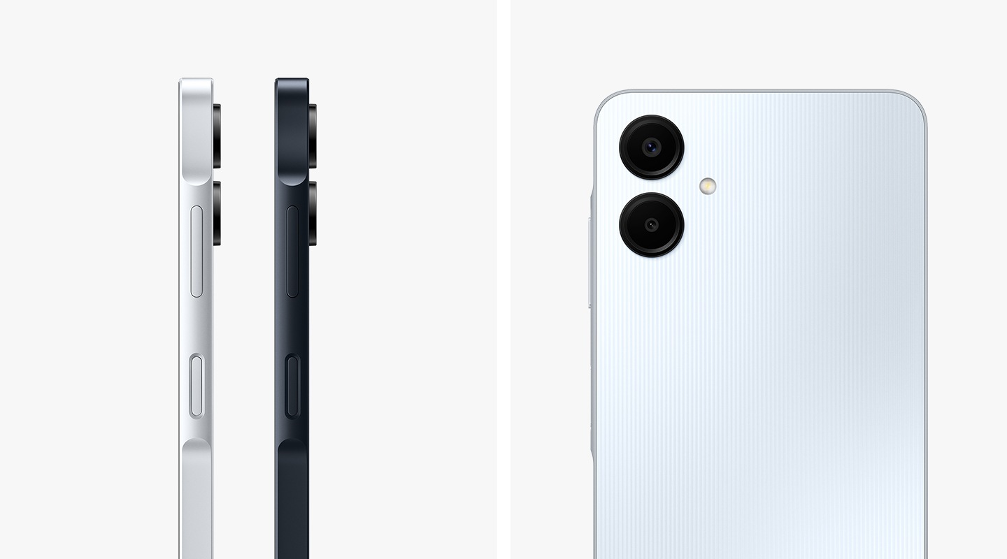 The side profile of four Galaxy A06 in Blue Black and Light Blue are shown. The back view of a Black Galaxy A06 is shown as well, highlighting its dual camera setup and the overall slimmer design.