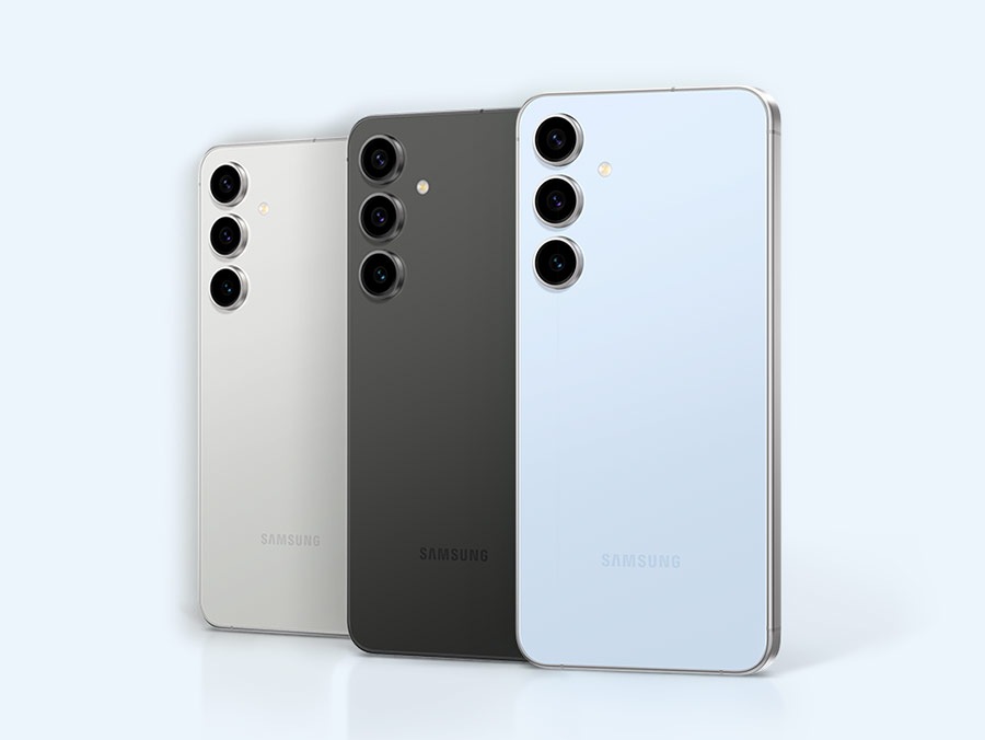 Five Galaxy S24 FE devices in Yellow, Gray, Graphite, Mint and Blue are standing upright from the rear. The devices are seen from the rear overlapping on top of each other.