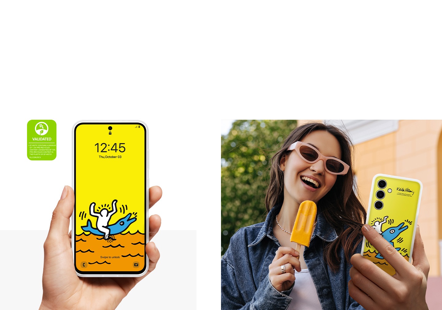 A woman is smiling at her Galaxy S24 FE in a yellow Keith Haring Flipsuit Case, holding it in one hand while holding a popsicle in the other. A close-up shows a hand holding up a Galaxy S24 FE with yellow Keith Haring content on the screen. The text reads UL VALIDATED FLIPSUIT CASE (EF-MS721) CONTAINS A MINIMUM OF 1.3% PRE-RECYCLED CONTENT, CONSISTING OF 10% PRE-RECYCLED CONTENT IN THE PLASTIC OF EF-MS721. UL.COM/ECV.