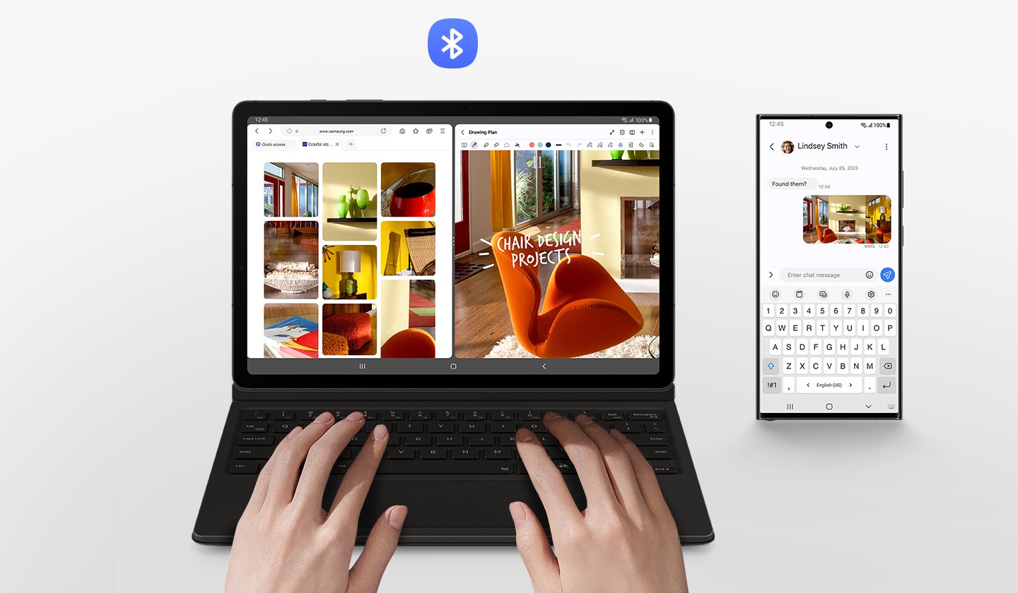 A person is using Galaxy Tab S9 with the Book Cover Keyboard. Its screen is divided into two windows with several image results of home furniture on the web and one of the images being edited. A Galaxy smartphone with the image on the screen while letters are being typed with the cover's keyboard. Bluetooth logo is shown.