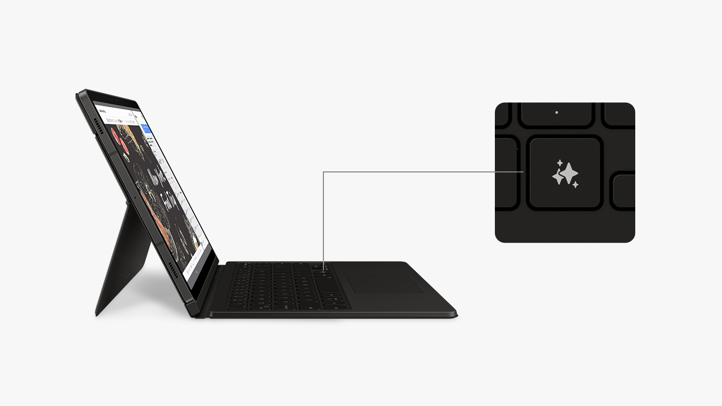 A Galaxy Tab S9 device with a Book Cover Keyboard attached is angled to the right, displaying Note Assist app on the screen. The screen in split to show a conversation with Bixby on one side. A close-up highlights the Galaxy AI Key on the keyboard, showing its location.