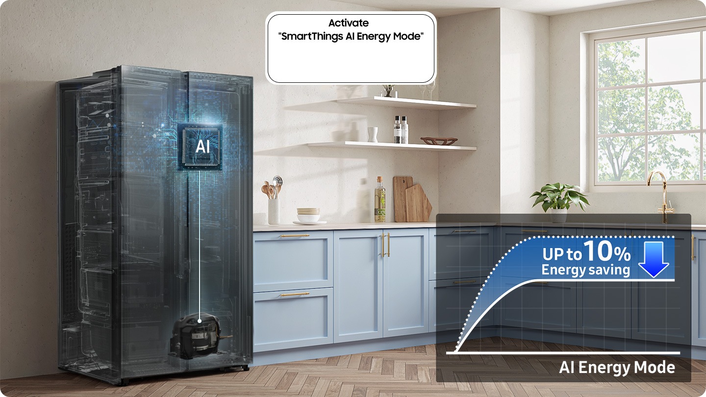 The refrigerator installed in the kitchen with the Activate “SmartThings AI Energy Mode” button ON. The AI Energy Mode is turned on, AI activated to check internal and manage the compressor, and a graph shows the UP to 10% Energy Saving effect when in AI Energy Mode compared to Normal mode.