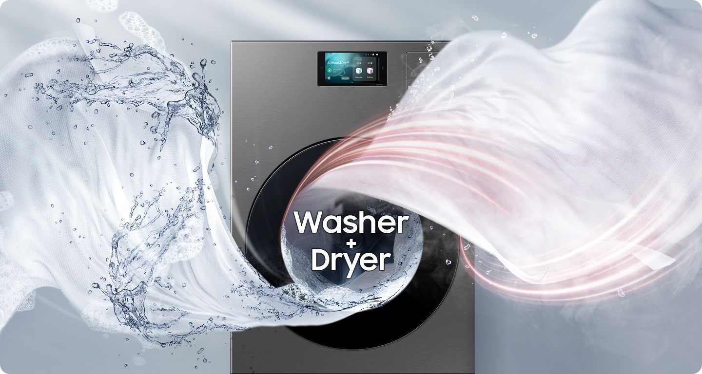 Big swirls of water and light beams come from a washer-dryer Laundry Combo, indicating powerful and fast washing and drying.