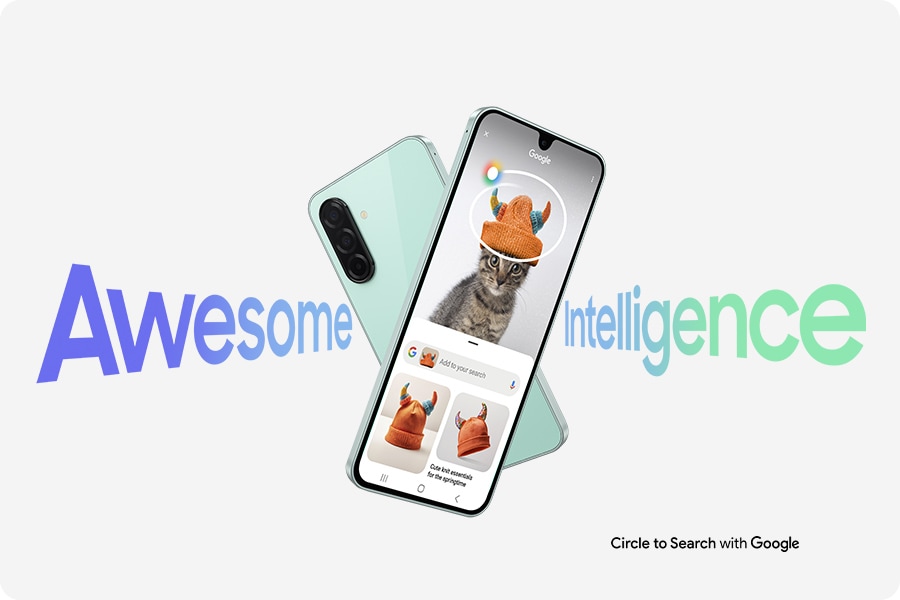 Two Galaxy A26 5G devices forming an X shape. The one in the back is in rear view. The one in the front has Circle to Search feature onscreen. Text Awesome Intelligence and The new Galaxy A26 5G can be seen. Text Circle to Search with Google is at the bottom.