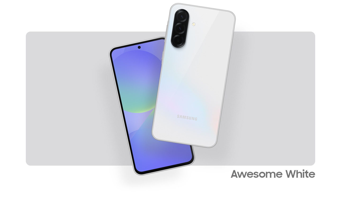 Two Galaxy A36 5G devices in Awesome White. One showing the front view with an abstract graphic onscreen. The other, showing the camera layout and rear view in Awesome White.