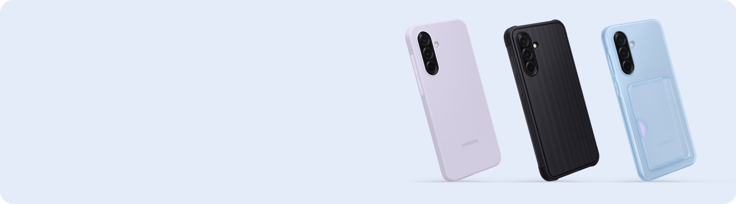 Three Galaxy A36 5G devices, each in different cases.