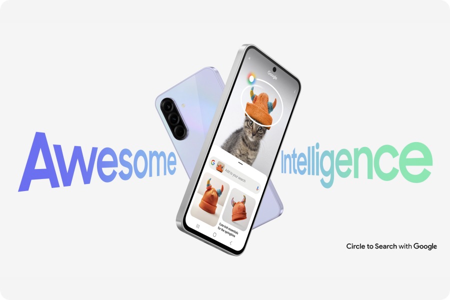 Two Galaxy A36 5G devices turning to form an X shape with Awesome Intelligence. The one in the front is displaying a cat with a hat. The hat is circled with Circle to Search feature and Google search result appears to show similar hats. Text Circle to Search with Google appears at the bottom right.