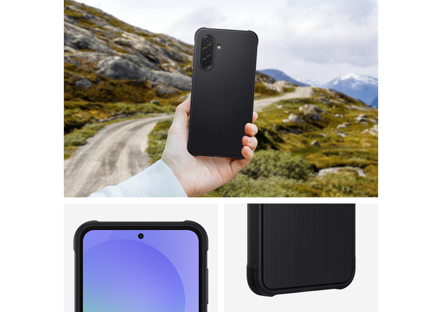 A person on a hiking trail holding Galaxy A36 5G in the Rugged Case and showing the back of the device. A partial front view of Galaxy A36 5G in the Rugged Case. A slightly tilted, partial rear view of Galaxy A36 5G in the Rugged Case.