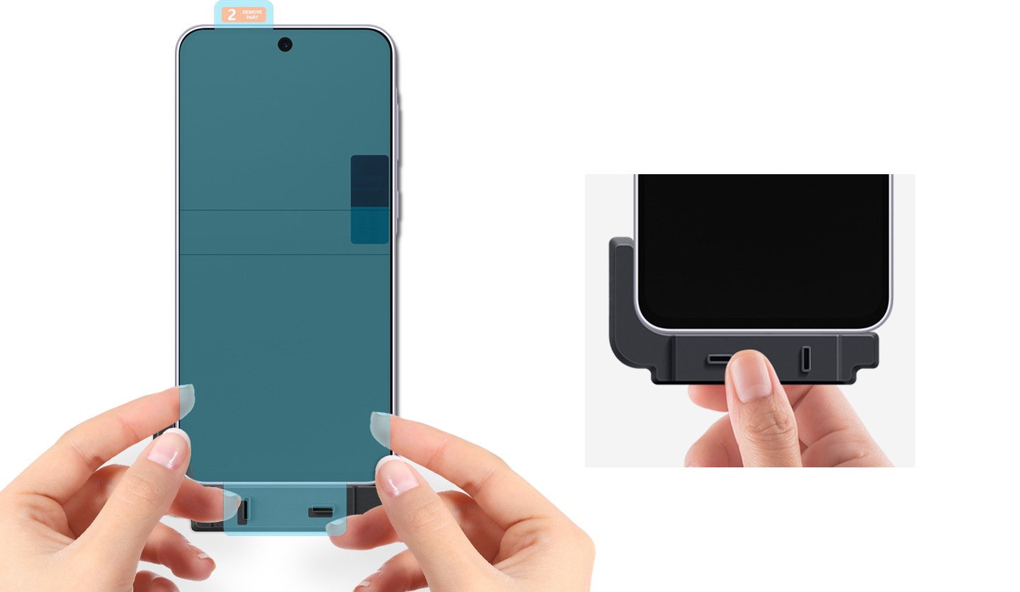 Two hands are using the provided installation frame to cleanly install the Screen Protector. A hand holds up part of the frame after finishing an easy installation.