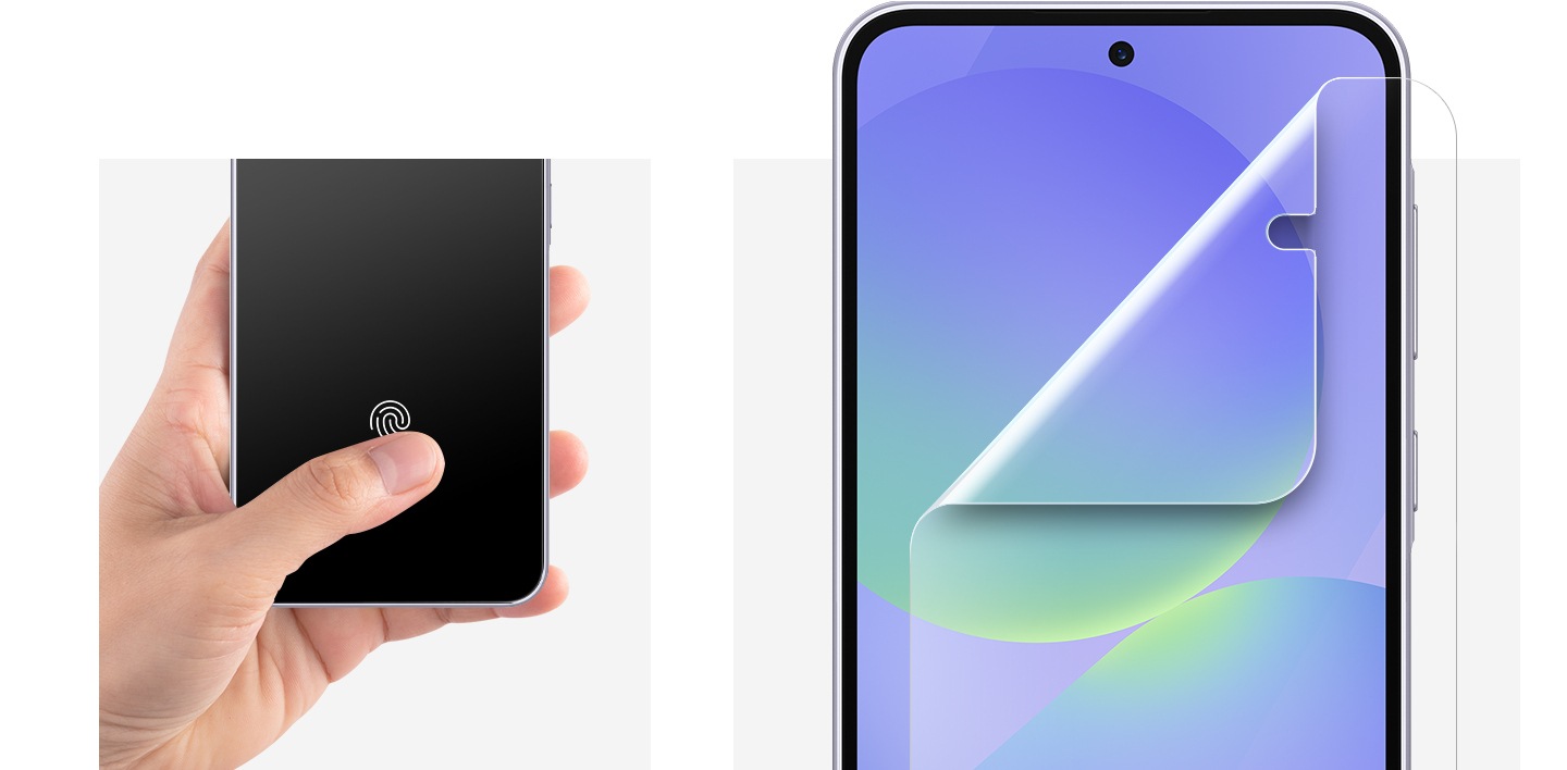 A Galaxy device showing the Screen Protector film being installed. A hand holding a Galaxy device with a Screen Protector film installed is touching the fingerprint sensor area with a thumb.