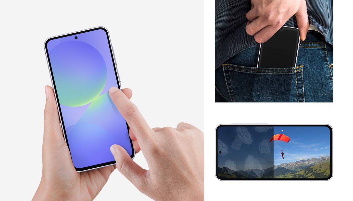 A person holding Galaxy A36 5G installed with the Screen Protector in their left hand, swipes the screen with their right index finger. A person placing Galaxy A36 5G installed with the Screen Protector into the back of their pant pocket. Galaxy A36 5G placed horizontally with a person paragliding onscreen, the left half shows fingerprints, the right half shows a clearer screen with the Screen Protector.