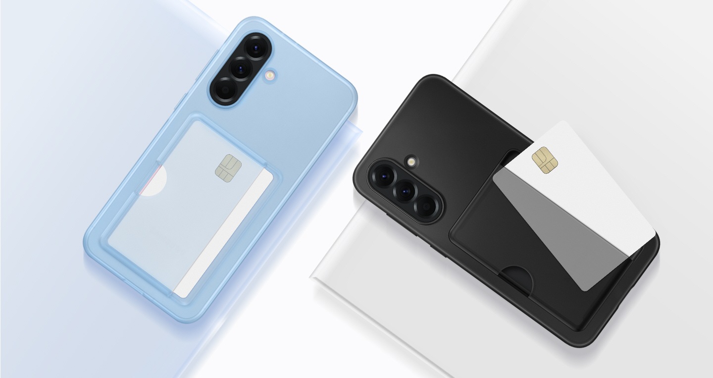 Rear view of two Galaxy A56 5G in Card Slot Cases. The one on the left has a card in the slot. The one on the right has a card half outside the slot.