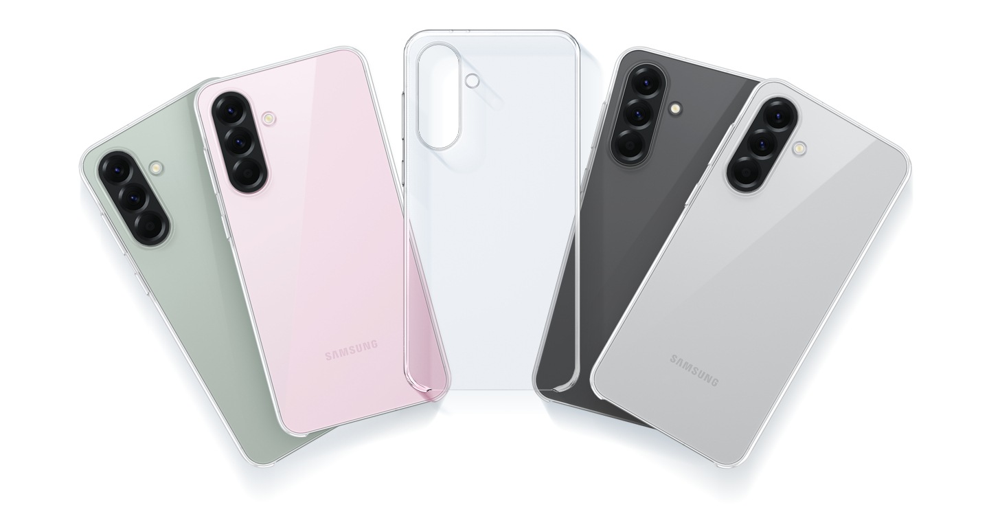 Four Galaxy A56 5G in different colors encased in Clear Case. A single Clear Case is in the center.