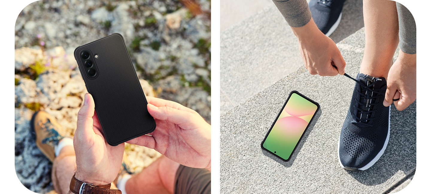 Close-up of a person holding Galaxy A56 5G in Rugged Case near a stream. Close-up of a person tying shoelaces with Galaxy A56 5G in Rugged Case next to the shoe.