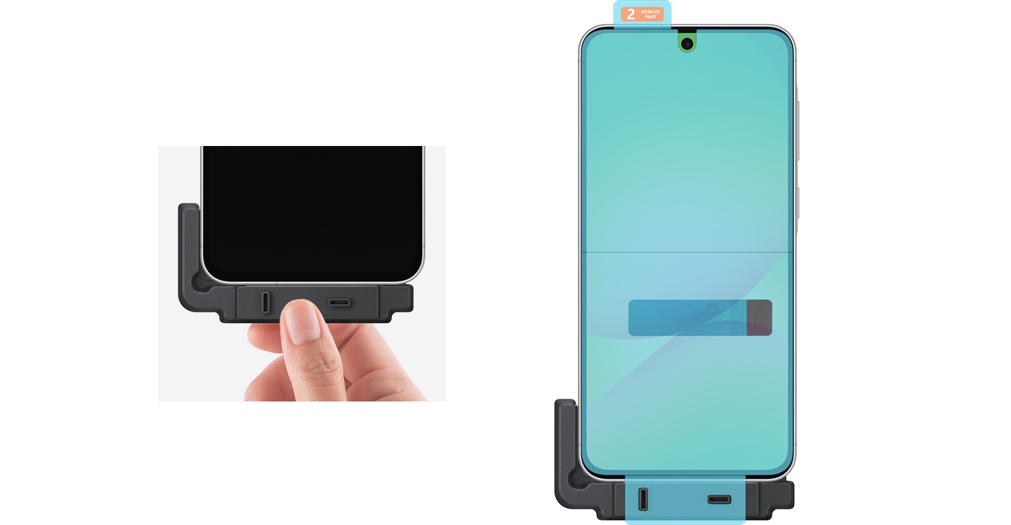 A hand holds up part of the frame after finishing an easy installation. To the right, another Galaxy device aligned with the installation frame has a Screen Protector aligned, placed on top and ready to peel and use.