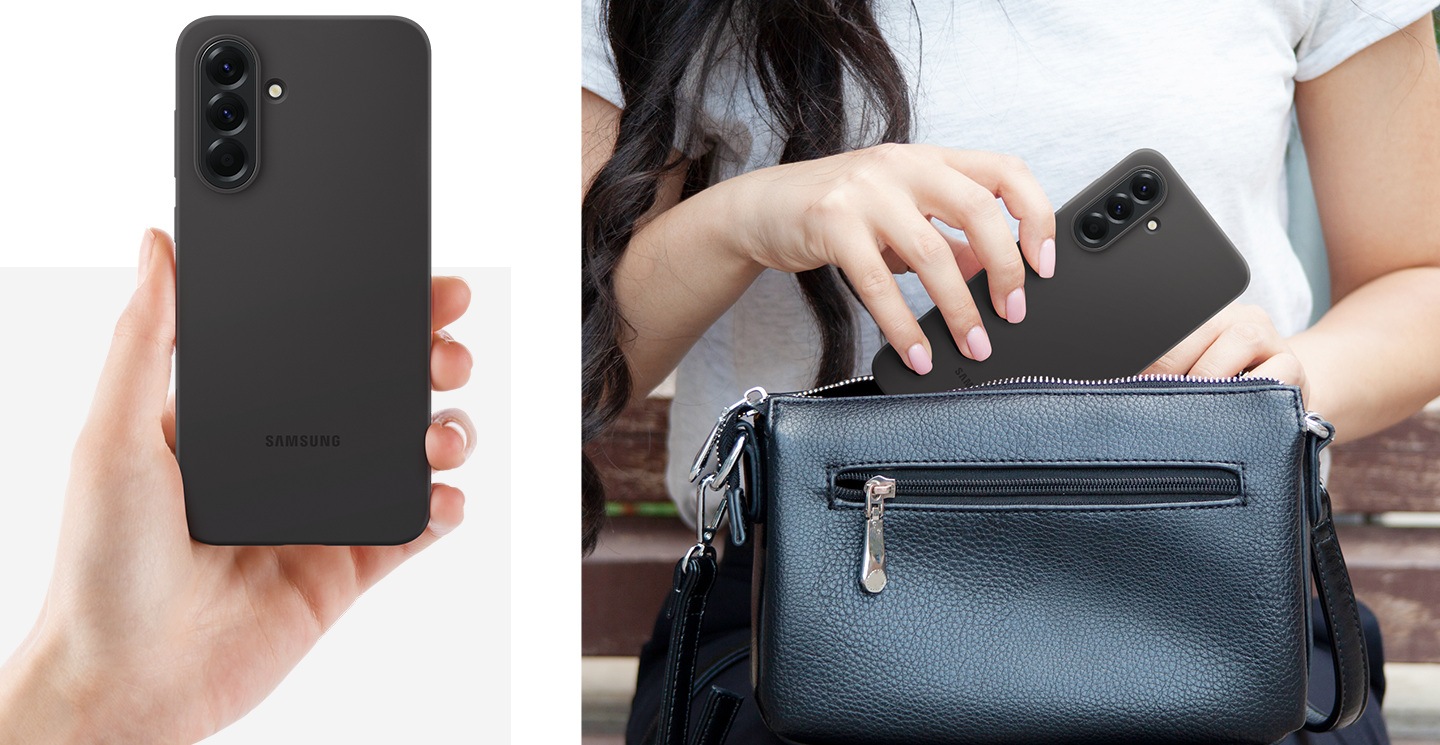 Close-up of a person taking Galaxy A56 5G in Silicone Case out from a purse. A hand holding Galaxy A56 5G in Silicone Case to indicate the secure grip of the case.