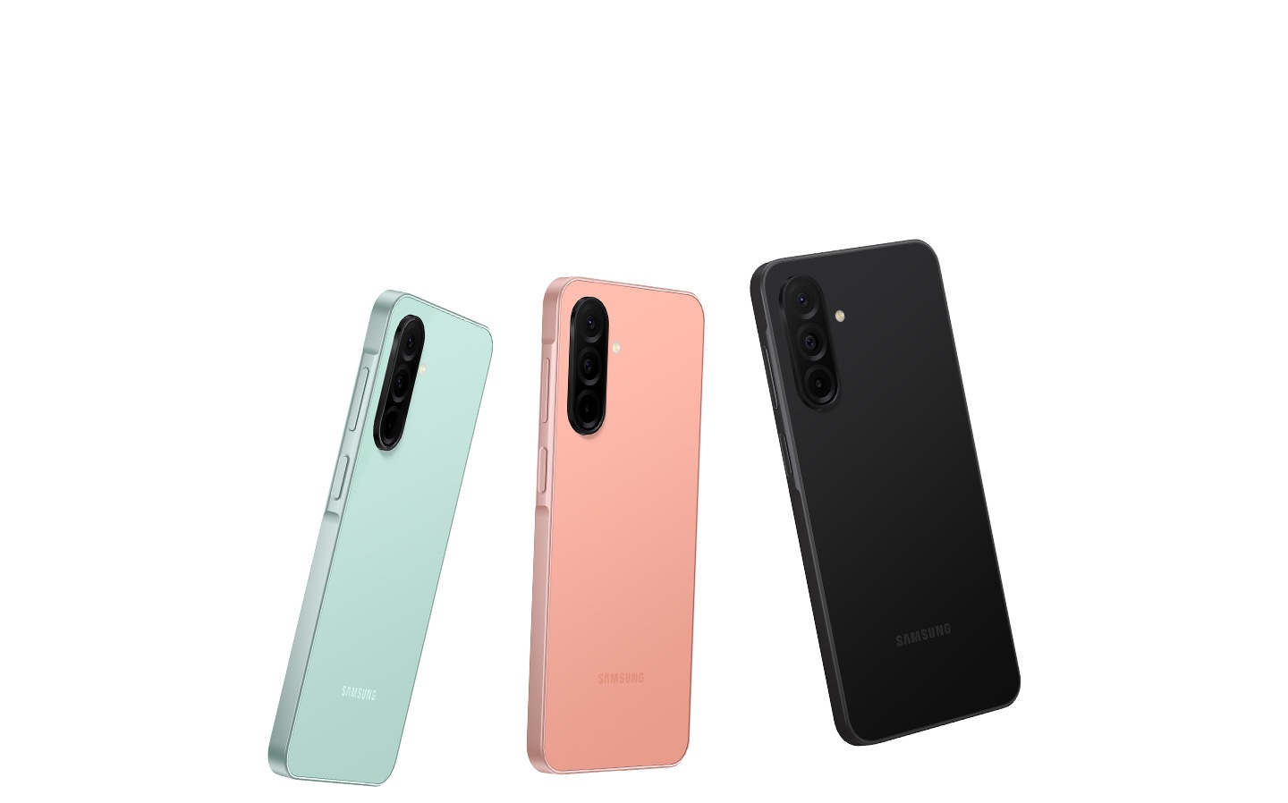 Three Galaxy A26 5G devices in Mint, Peach Pink and Black, showcasing their glass back featuring a 3-camera layout.