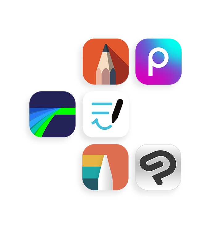 App icons of Sketchbook, Picsart, LumaFusion, Goodnotes, Noteshelf 3, and Clip Studio Paint.