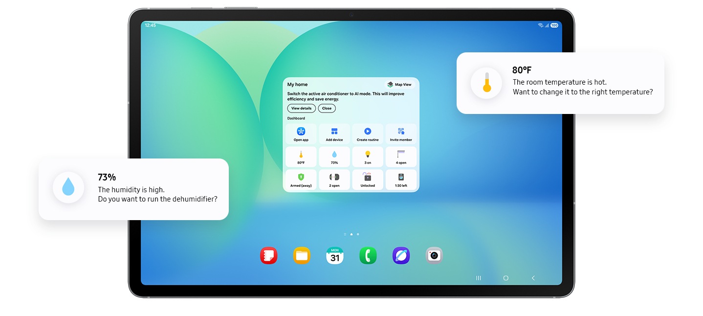 The Home Insight widget shown on the Home screen of Galaxy Tab S10 FE+ with various icons on the dashboard and AI suggestions about the temperature and humidity.
