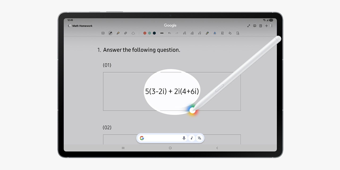 Galaxy Tab S10 FE+ screen shows a page labeled 'Math Homework' and a Circle to Search being used with an S Pen on a math equation.