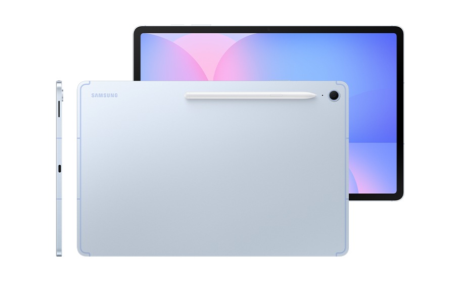 Galaxy Tab S10 FE+ in Blue shown from the front with a purple-pink wallpaper onscreen, from the back with S Pen attached on the back and from the side to highlight the slim design.