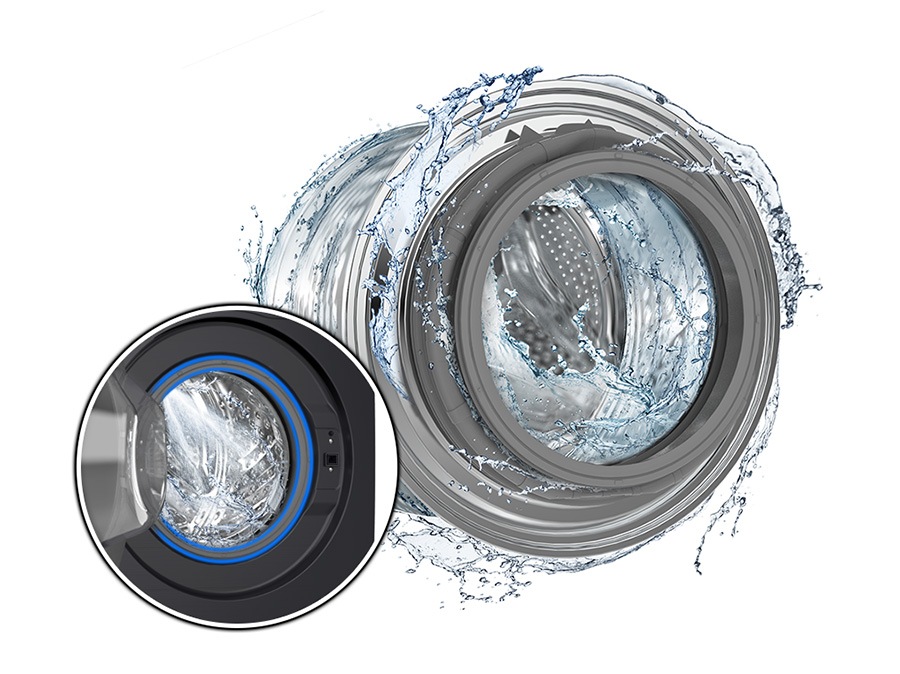 The washer drum is surrounded by clean water and water jets are cleaning the inside. Close-up of the rubber door gasket.