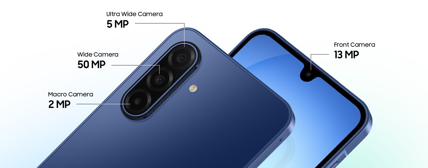 Two Galaxy A17 5G devices. One viewed from the back, showcasing the 5 MP Ultra Wide Camera, 50 MP Wide Camera and 2MP Macro Camera. The other viewed from the front, highlighting the 13 MP Front Camera.