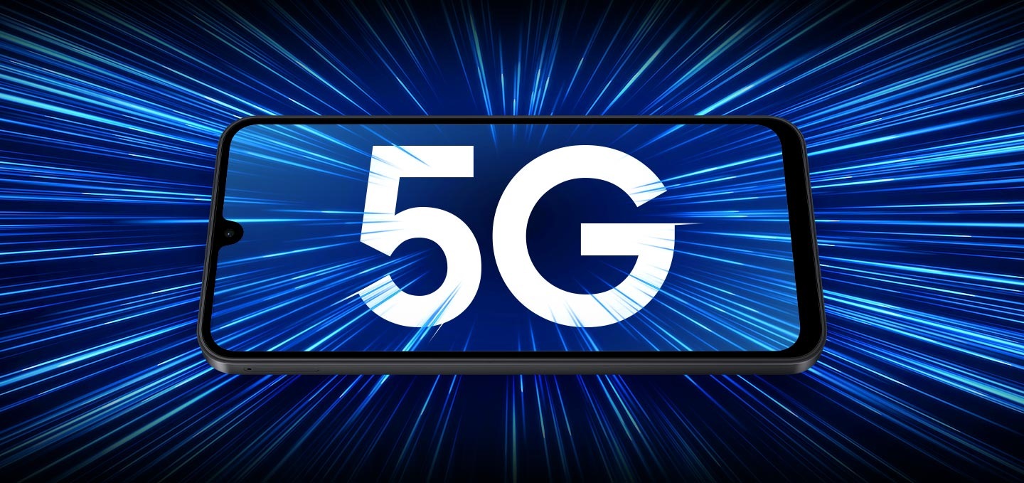 Galaxy A17 5G display with a bold 5G graphic, representing ultra-fast connectivity for streaming, gaming, and downloads.