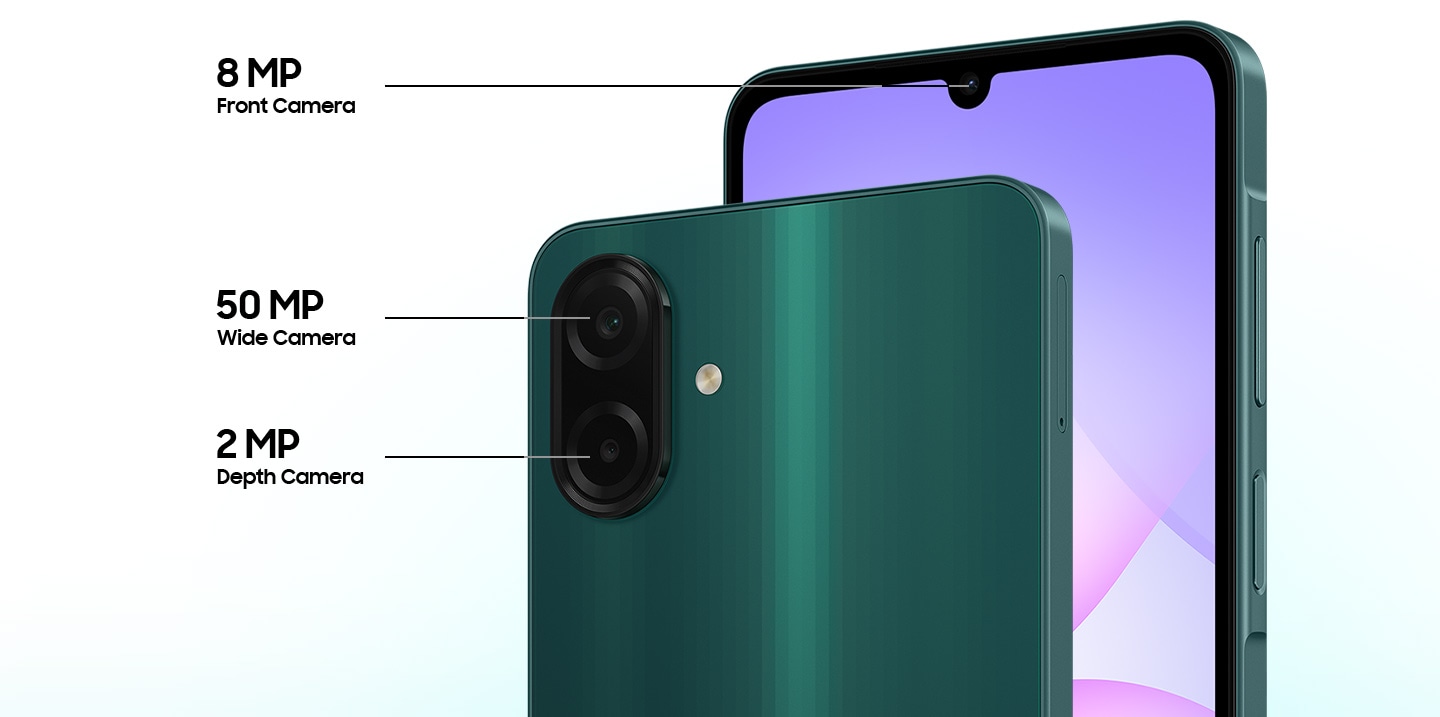 Two Galaxy A07 devices. One viewed from the Green, showcasing the 50 MP Wide Camera and 2 MP Depth Camera. The other viewed from the front, highlighting the 8 MP Front Camera.