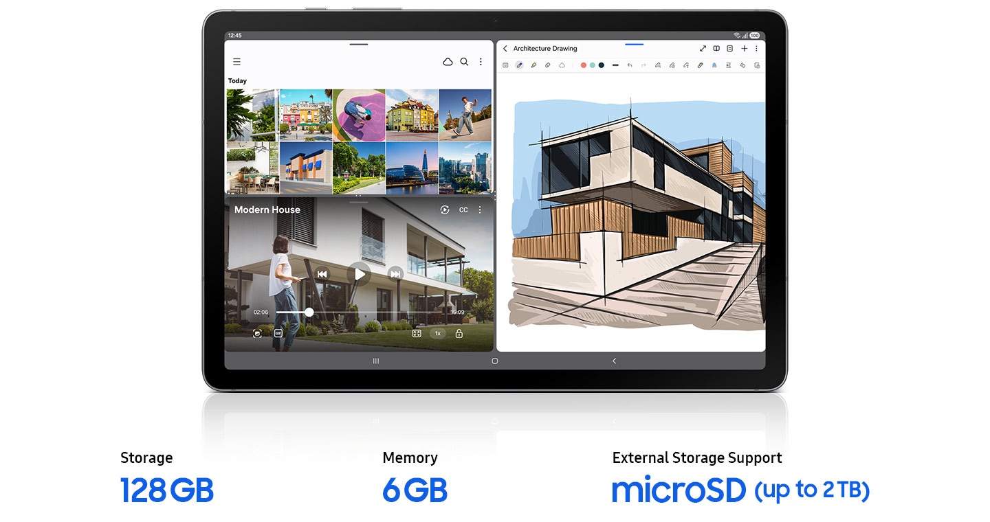 Galaxy Tab S10 Lite showing the large display running Gallery, a video player, and Samsung Notes all at once, demonstrating smooth multitasking with ample memory and storage to keep multiple apps open seamlessly. Text reads Storage up to 256 GB, Memory up to 8 GB, External Storage Support microSD (up to 2 TB).