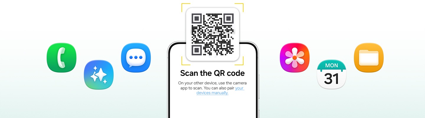 Galaxy S26 FE is shown from the front with a QR code above the display. On the display, text instructs users to scan the QR code with the camera on their other device or pair the devices manually. App icons float around the device, illustrating an easy transfer of data.