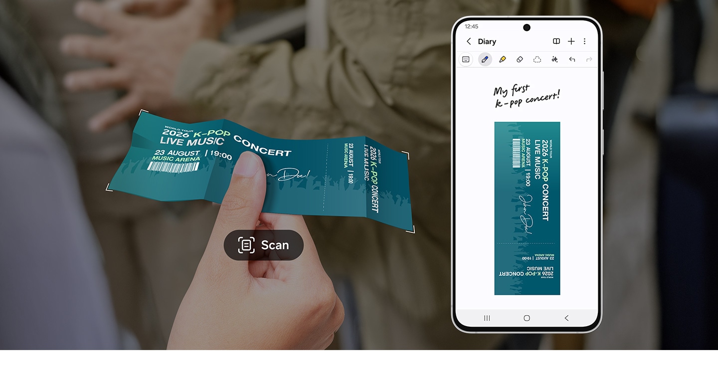 A hand holds out a crumpled ticket to a K-pop concert. The Scan button of Document Scan is shown. A Galaxy S26 FE phone shows a clean scan of the ticket on screen in Samsung Notes with the words My first K-pop concert.