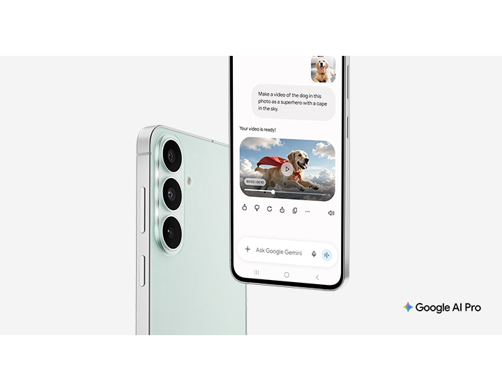 Google AI Pro. A close-up of two Galaxy S26 FE devices in Pistachio. One device is shown from the back, highlighting the triple rear camera design, while the other faces forward, screen showing Google Gemini generating a video of a dog wearing a red superhero cape and flying through the sky.