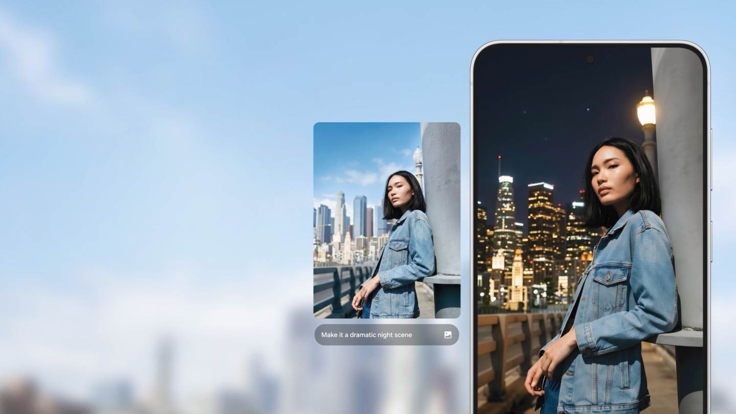 A photo of a woman posing with city skyscrapers in the background during the day is selected from the Gallery on Galaxy S26 FE. Text reads, Describe what to change. Make it a dramatic night scene is typed into the prompt. The Generate button is pressed, transforming the photo into a nighttime scene.