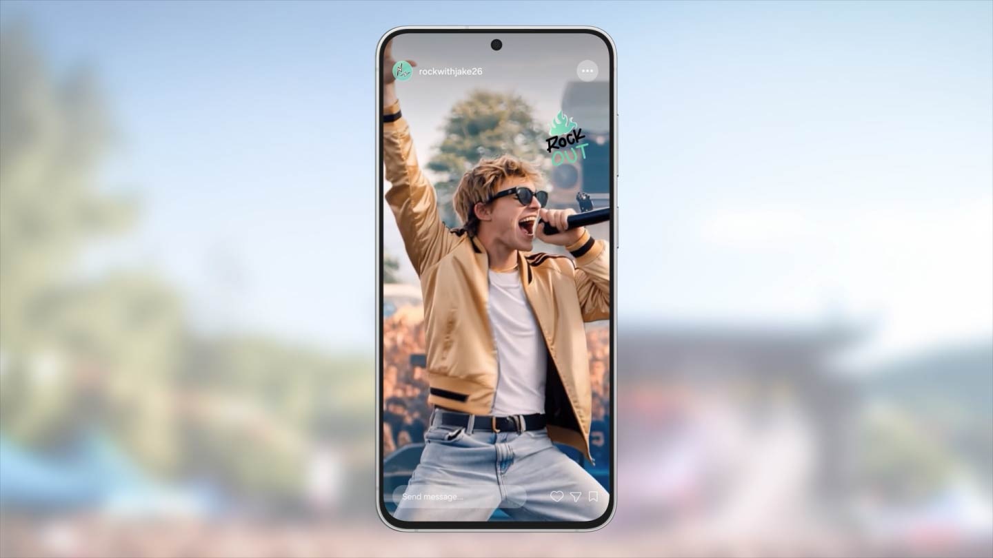 Three musicians perform on an outdoor stage. Followed by detection boxes around all three performers after the prompt says “Select someone to follow.” The lead singer is selected. The edited video becomes a subject-centered tracking shot that follows the singer on Galaxy S26 FE.