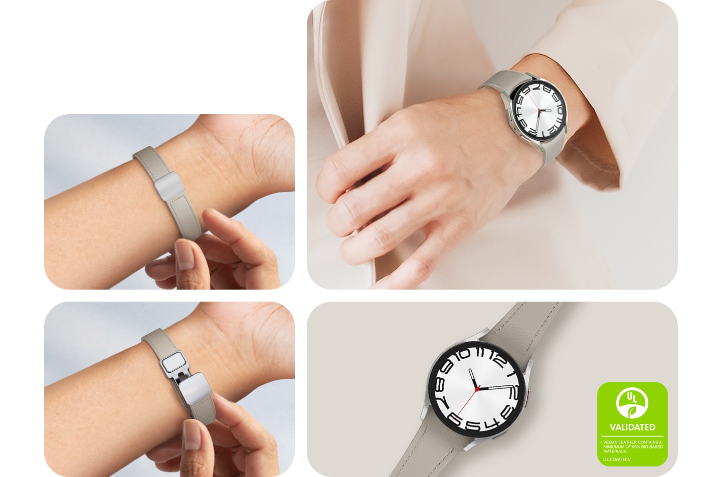 Seseorang bersetelan wanita mengenakan Galaxy Watch6 dengan tali D-Buckle Hybrid Eco-Leather. Sepasang tangan terlihat sedang melepas tali jam. Tampilan depan Galaxy Watch6 yang diletakkan mendatar, dengan tali D-Buckle Hybrid Eco-Leather terpasang. Teks bertuliskan KULIT VEGAN MENGANDUNG MINIMAL 66% BAHAN BERBASIS BIO. UL.COM/ECV