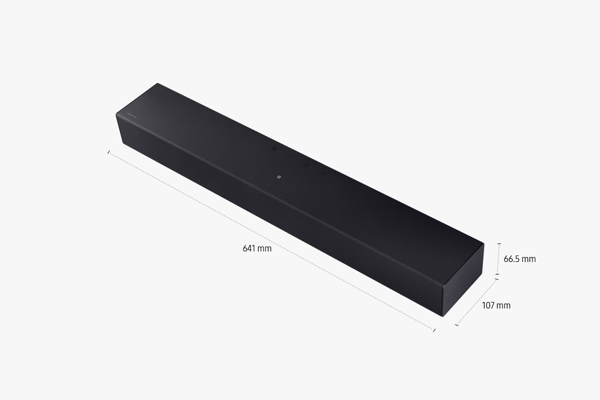 Dimensions of Samsung Soundbar HW-B400F(641 x 66.5 x 107 mm).