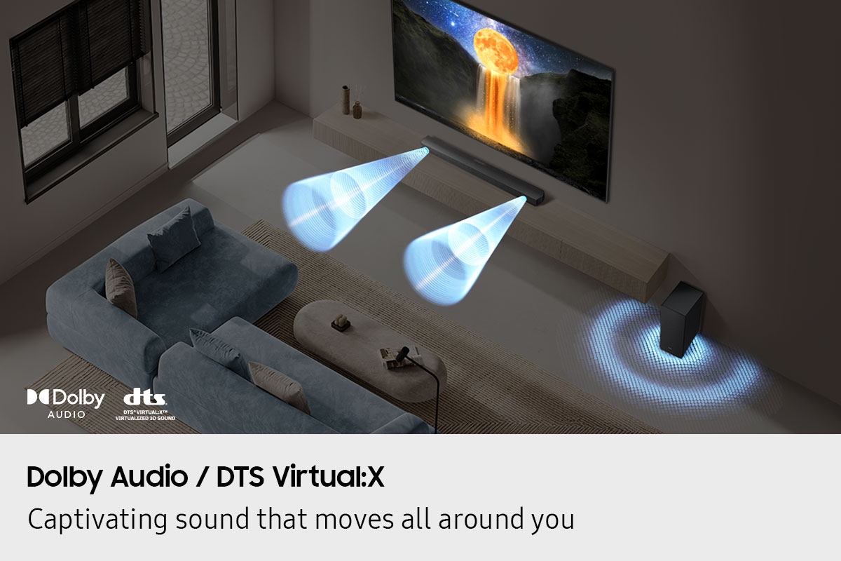 Dolby Audio and DTS Virtual:X sound play from a B450F soundbar below a TV, as indicated by various sound waves.