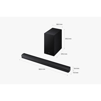 Dimensions of Samsung Soundbar HW-B650F(860.0 x 59.4 x 75.0 mm) with its subwoofer(184.0 x 343.0 x 295.0 mm).