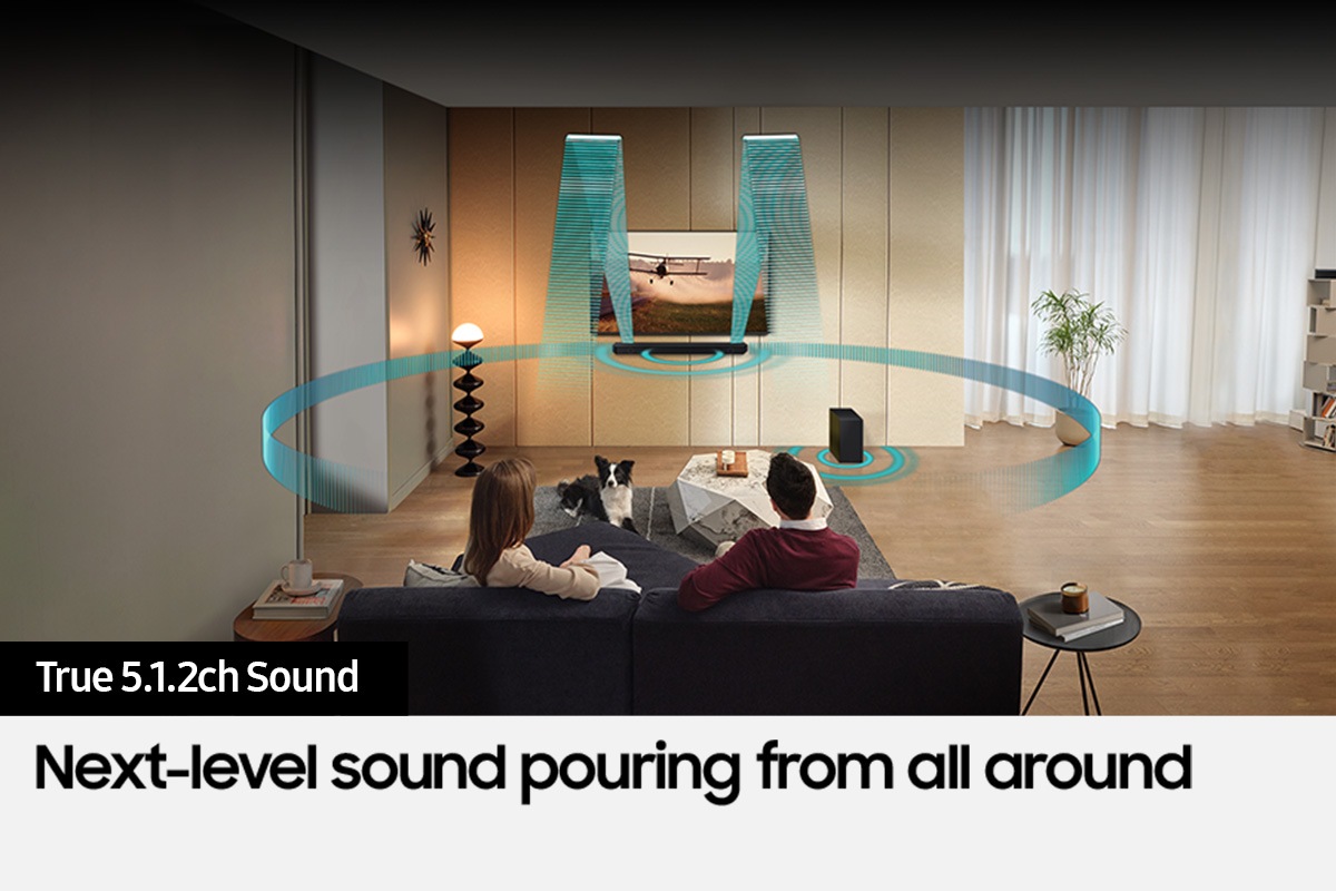 Various sound wave graphics coming from Soundbar illustrate True 5.1.2ch sound.