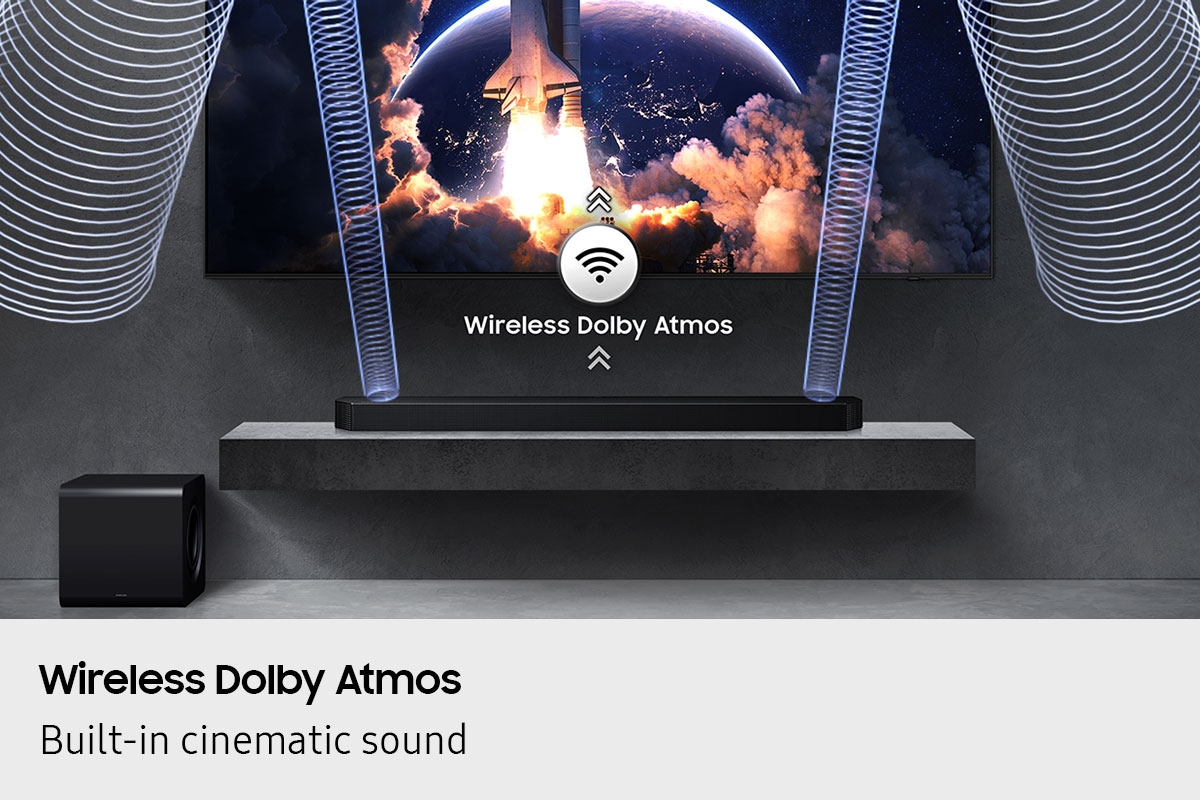 Wireless Dolby Atmos plays from Q800F soundbar below TV, as shown by sound waves and wireless icon with arrows pointing up.