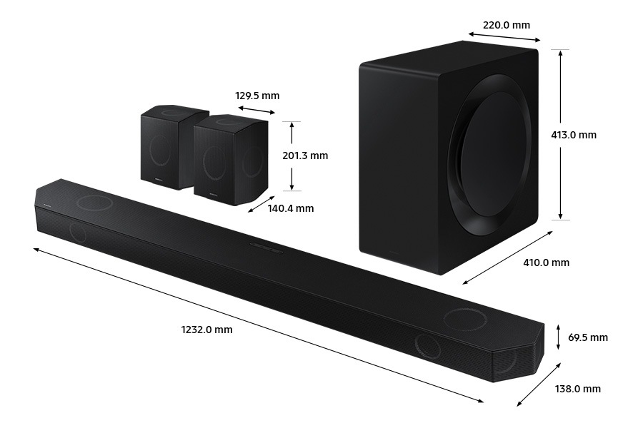 Dimensions of Samsung Soundbar HW-Q990D(1232.0 x 69.5 x 138.0 mm) with its subwoofer(220.0 x 413.0 x 410.0 mm), and rear speakers(129.5 x 201.3 x 140.4 mm).