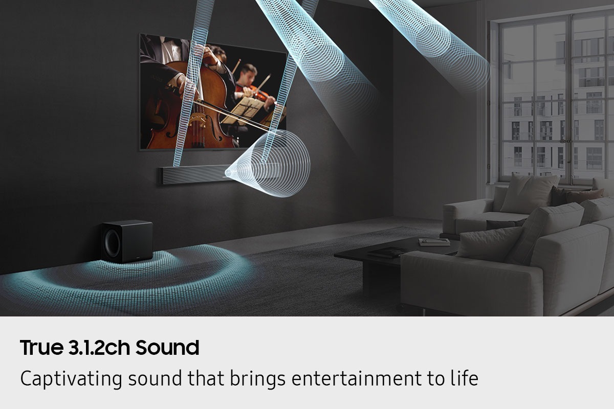 Sound waves emanate from QS700F soundbar mounted below TV and subwoofer and travel in multiple directions across living room.