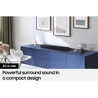 Samsung Soundbar S60D on a console stand in a living room.