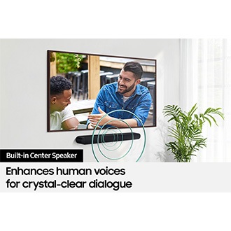 Samsung TV and Soundbar S60D on the wall. The Soundbar gives off sound waves through its built-in center speaker.