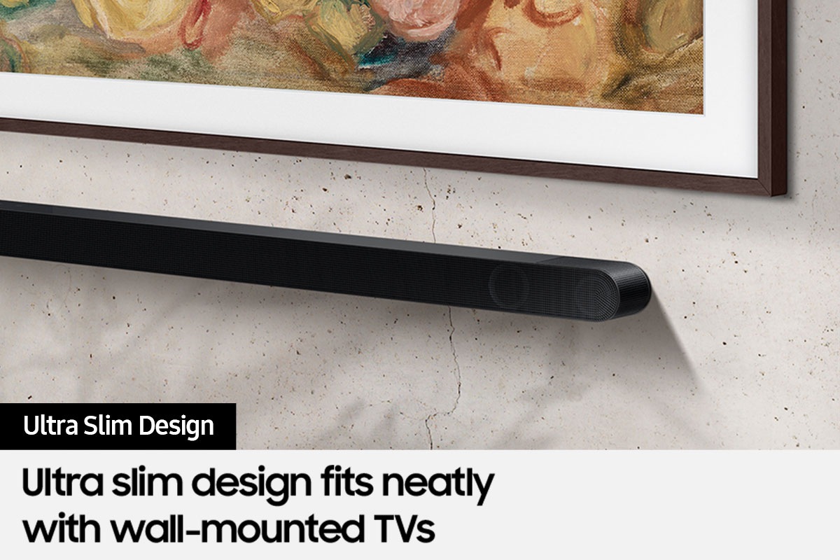 Samsung Ultra Slim Soundbar S800D and a TV are installed on the wall.